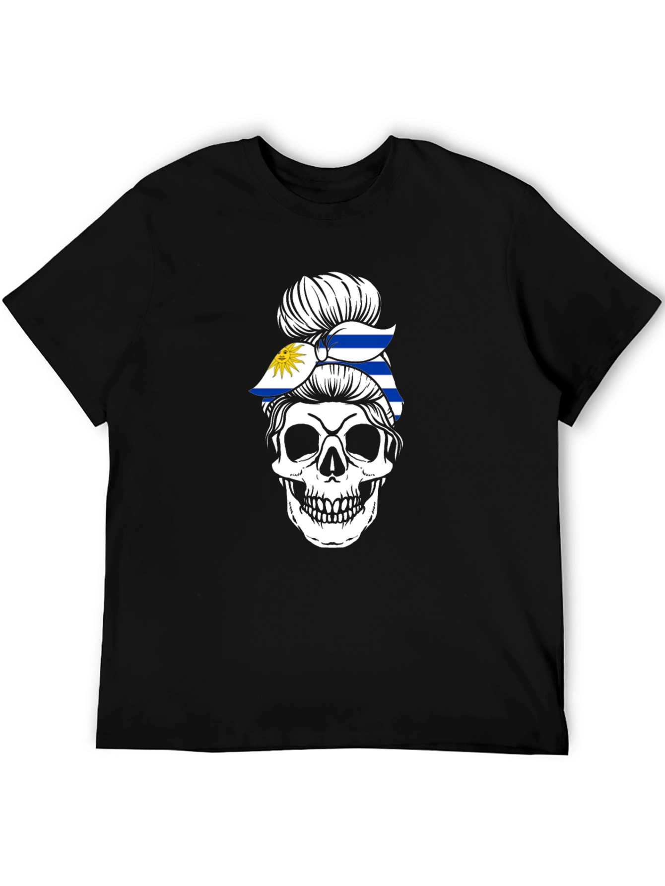 Uruguay Flag Skull Bun T-Shirt - Black
