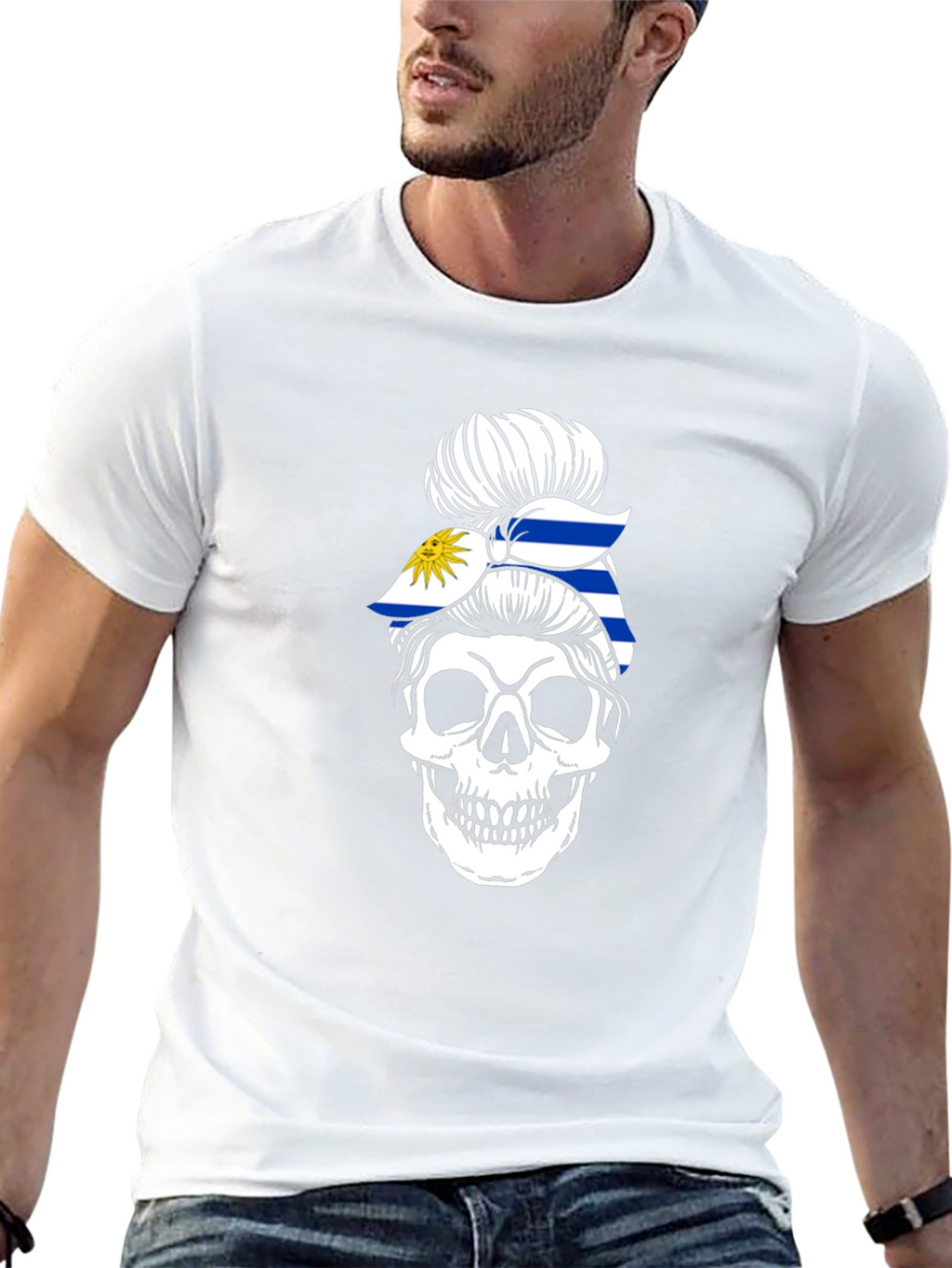 Uruguay Flag Skull Bun T-Shirt - Black