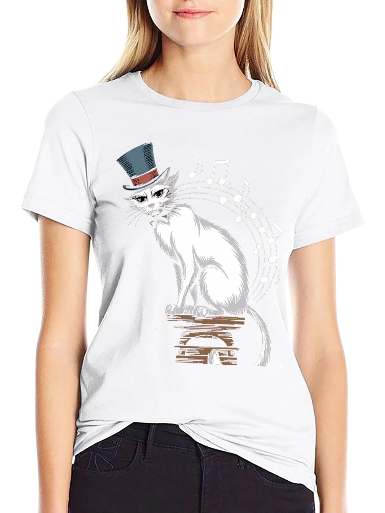 Top Hat Cat Music Notes Graphic Tee