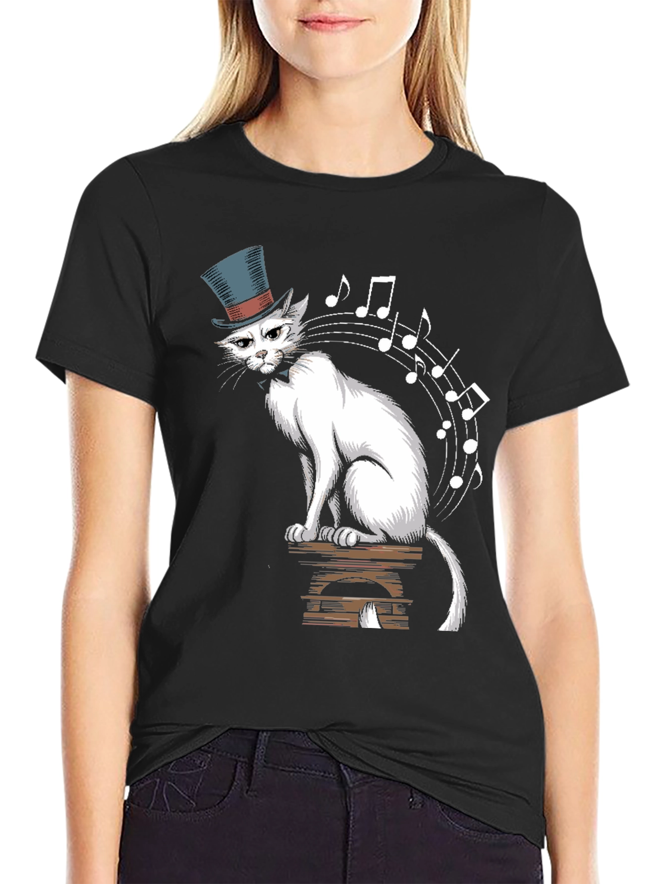 Top Hat Cat Music Notes Graphic Tee