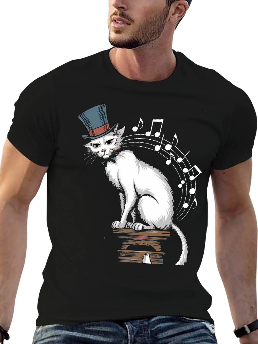 Top Hat Cat Music Notes Graphic Tee