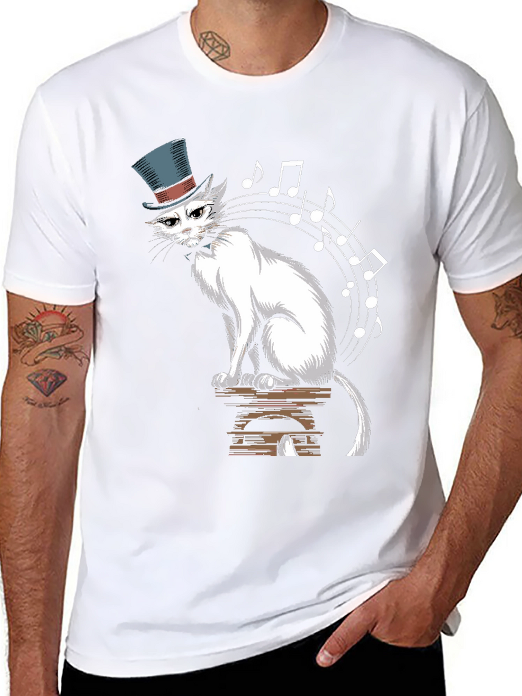 Top Hat Cat Music Notes Graphic Tee