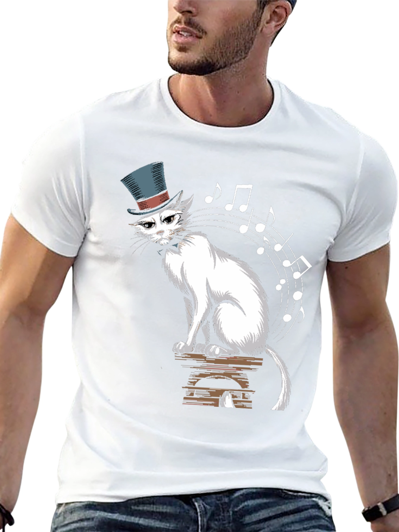 Top Hat Cat Music Notes Graphic Tee