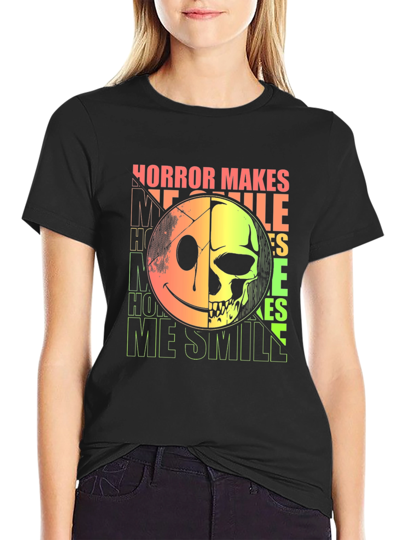 Horror Makes Me Smile Graphic Tee - Half Skull Half Smiley