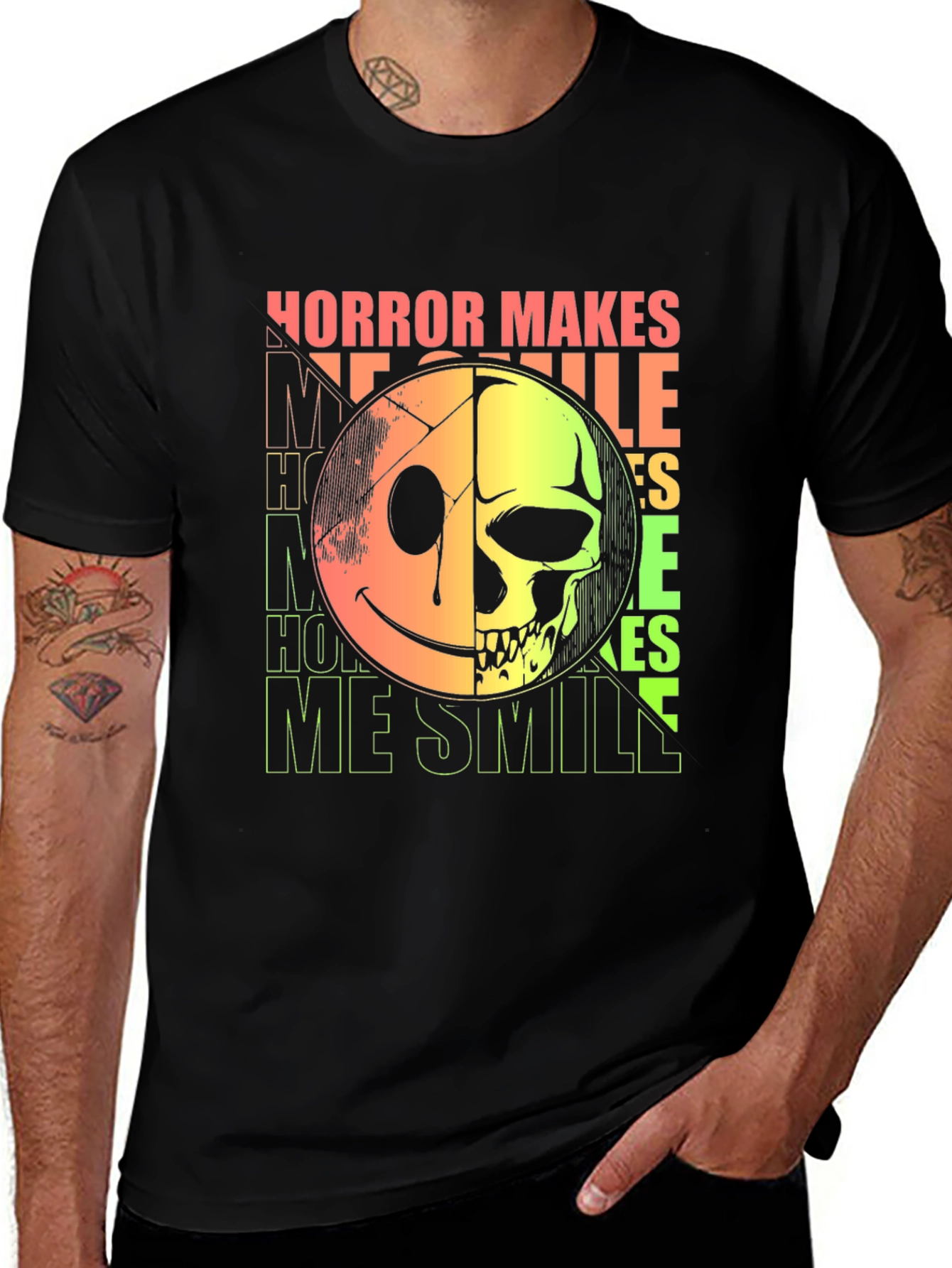 Horror Makes Me Smile Graphic Tee - Half Skull Half Smiley