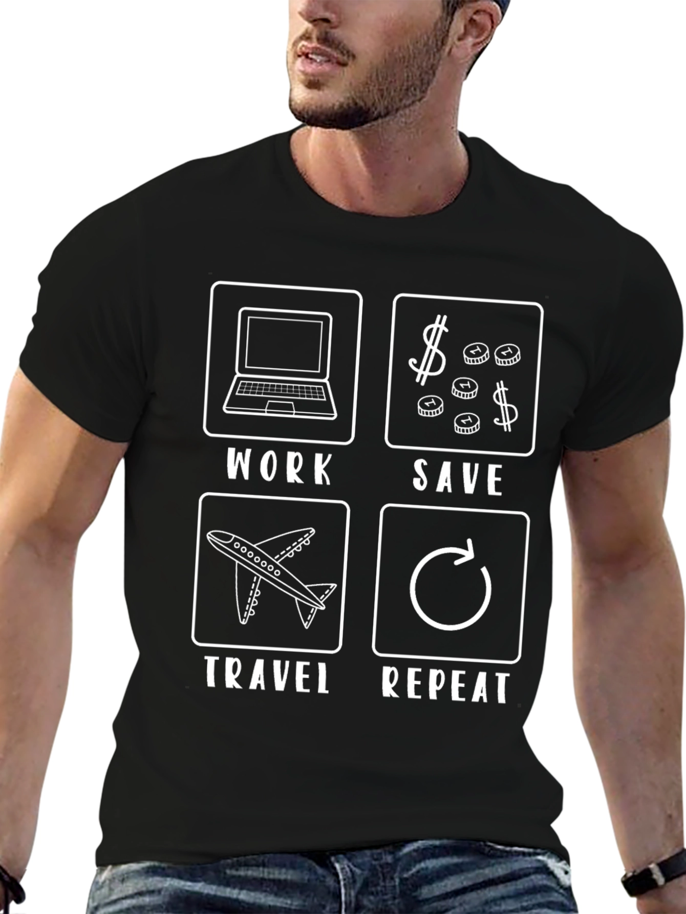 Work Save Travel Repeat Black T-Shirt