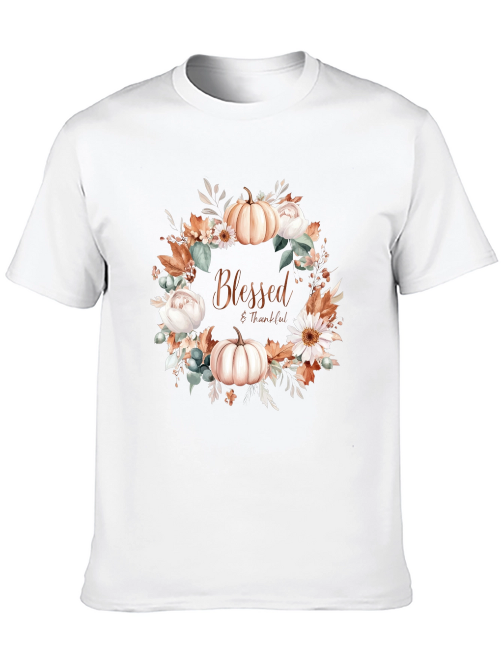 Blessed & Thankful Pumpkin Floral Wreath T-Shirt