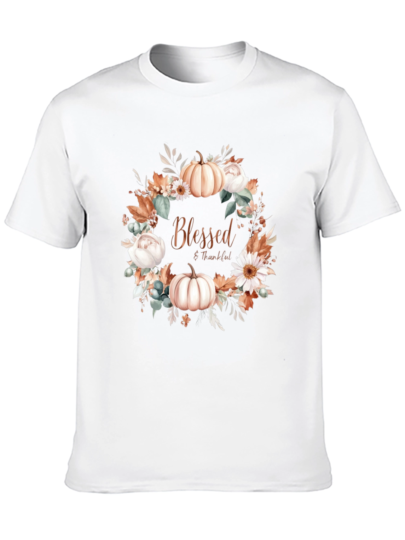 Blessed & Thankful Pumpkin Floral Wreath T-Shirt
