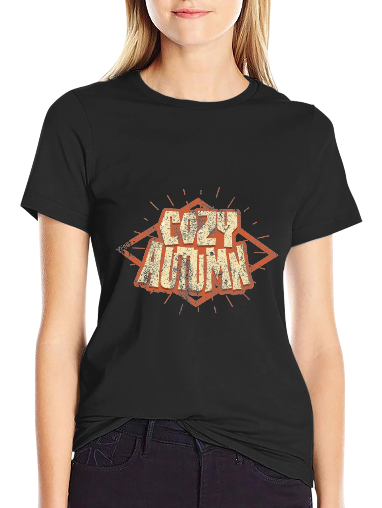 Cozy Autumn Graphic Tee - Soft Black Cotton T-Shirt