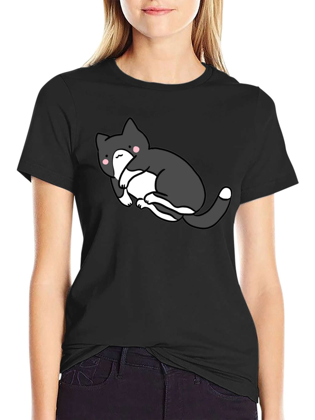 Cute Cat Graphic Black T-Shirt - Unisex