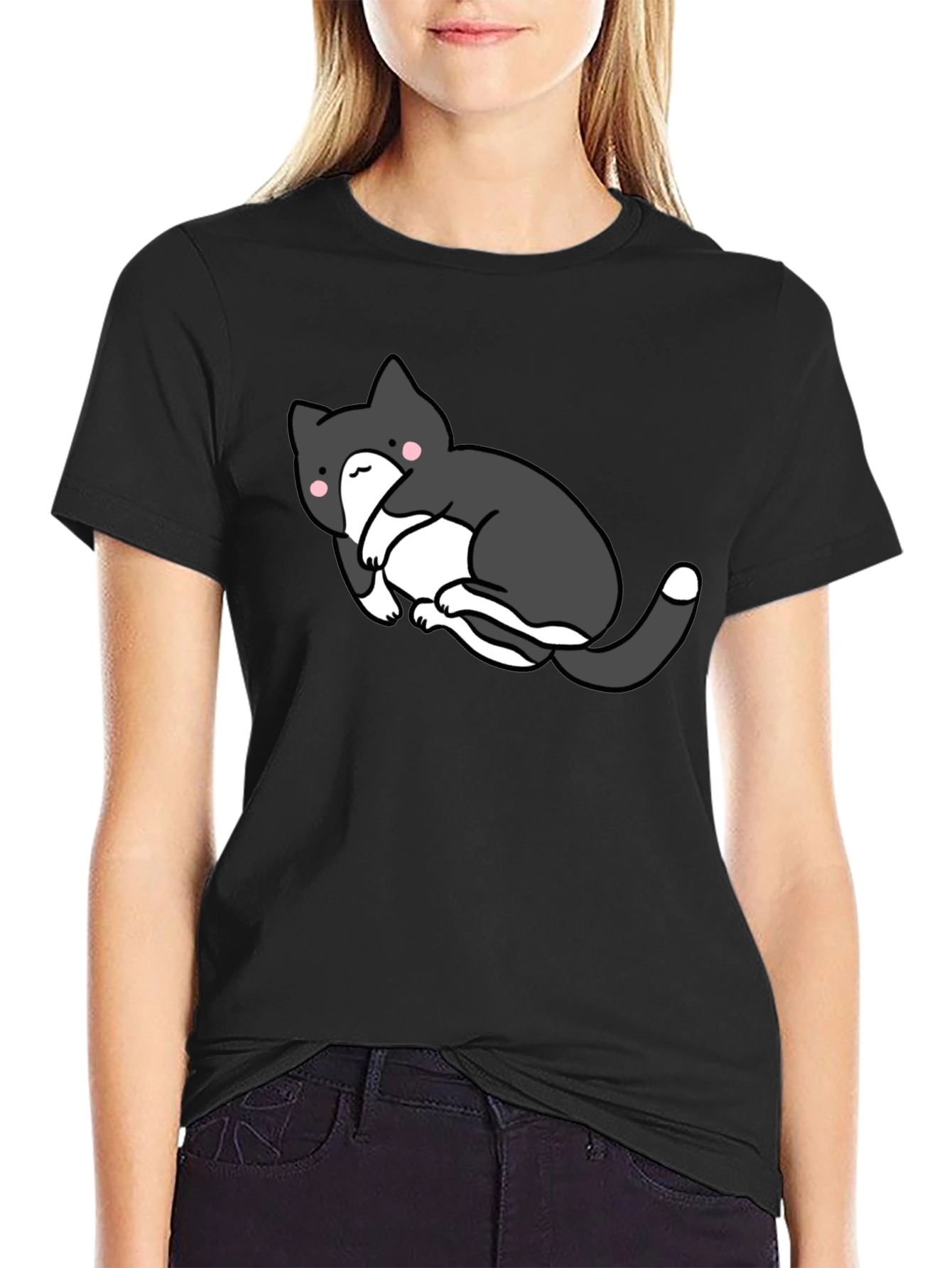 Cute Cat Graphic Black T-Shirt - Unisex