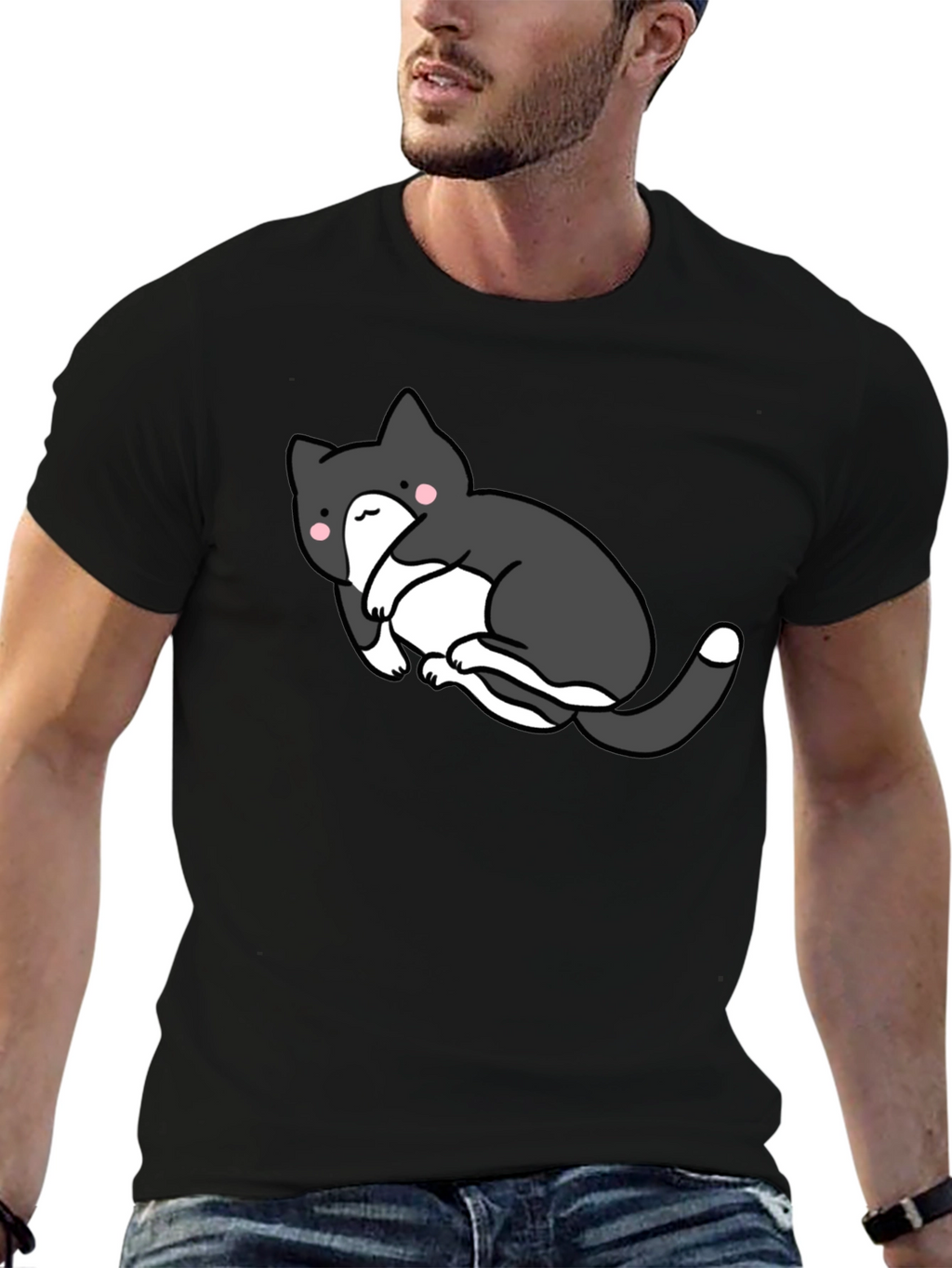 Cute Cat Graphic Black T-Shirt - Unisex