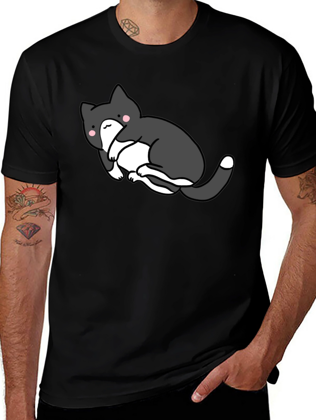 Cute Cat Graphic Black T-Shirt - Unisex