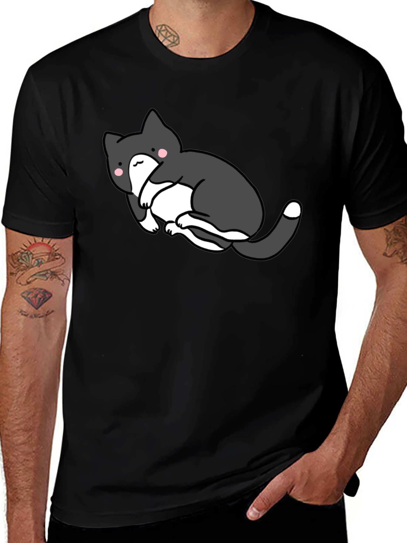 Cute Cat Graphic Black T-Shirt - Unisex
