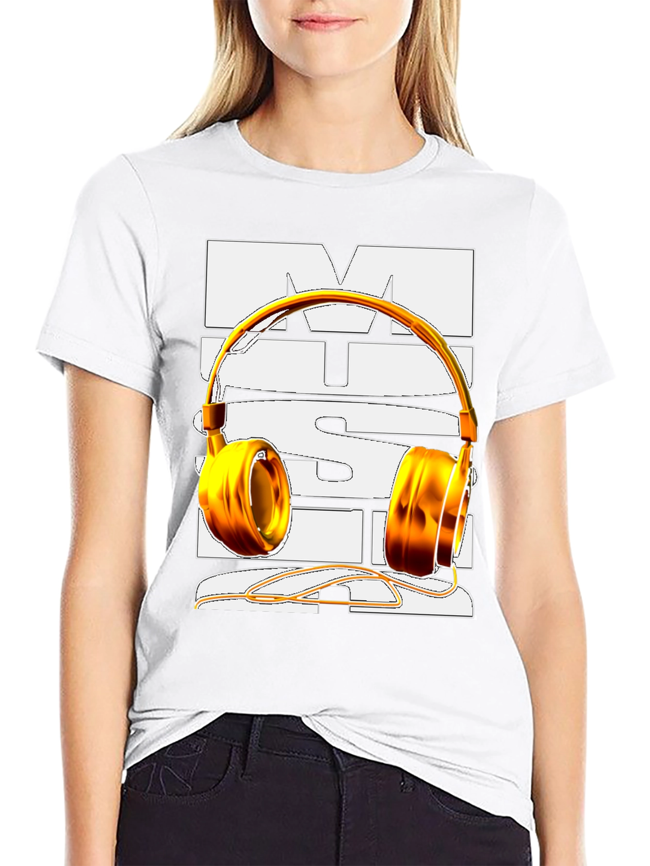 Music T-Shirt with Gold Headphones