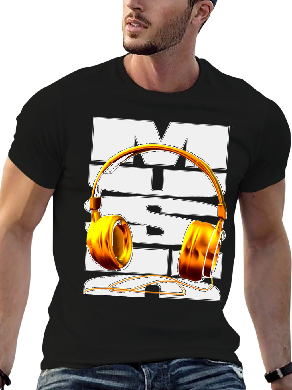 Music T-Shirt with Gold Headphones
