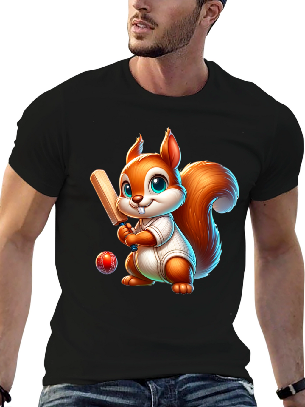 Cartoon Squirrel Playing Cricket T-Shirt