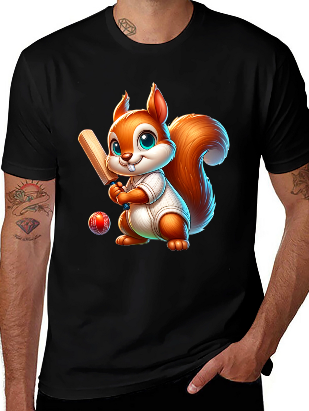 Cartoon Squirrel Playing Cricket T-Shirt