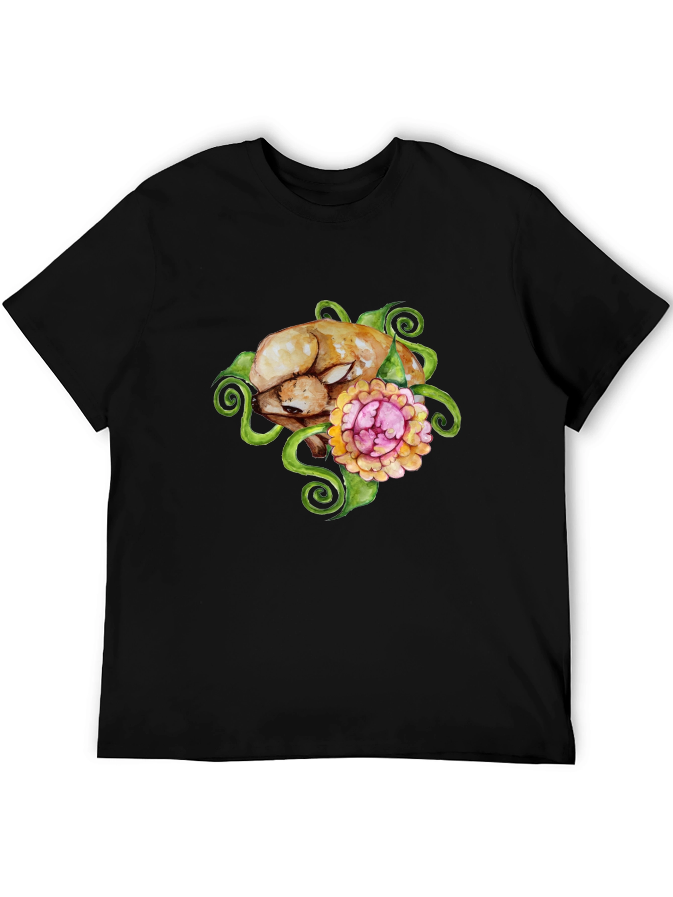 Floral Puppy T-Shirt - Black Cotton Blend