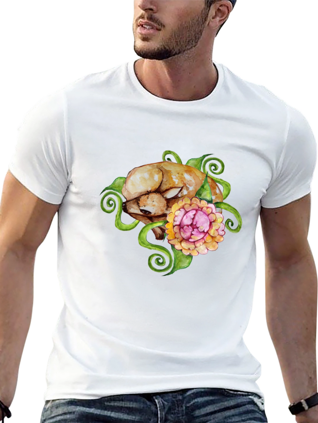 Floral Puppy T-Shirt - Black Cotton Blend