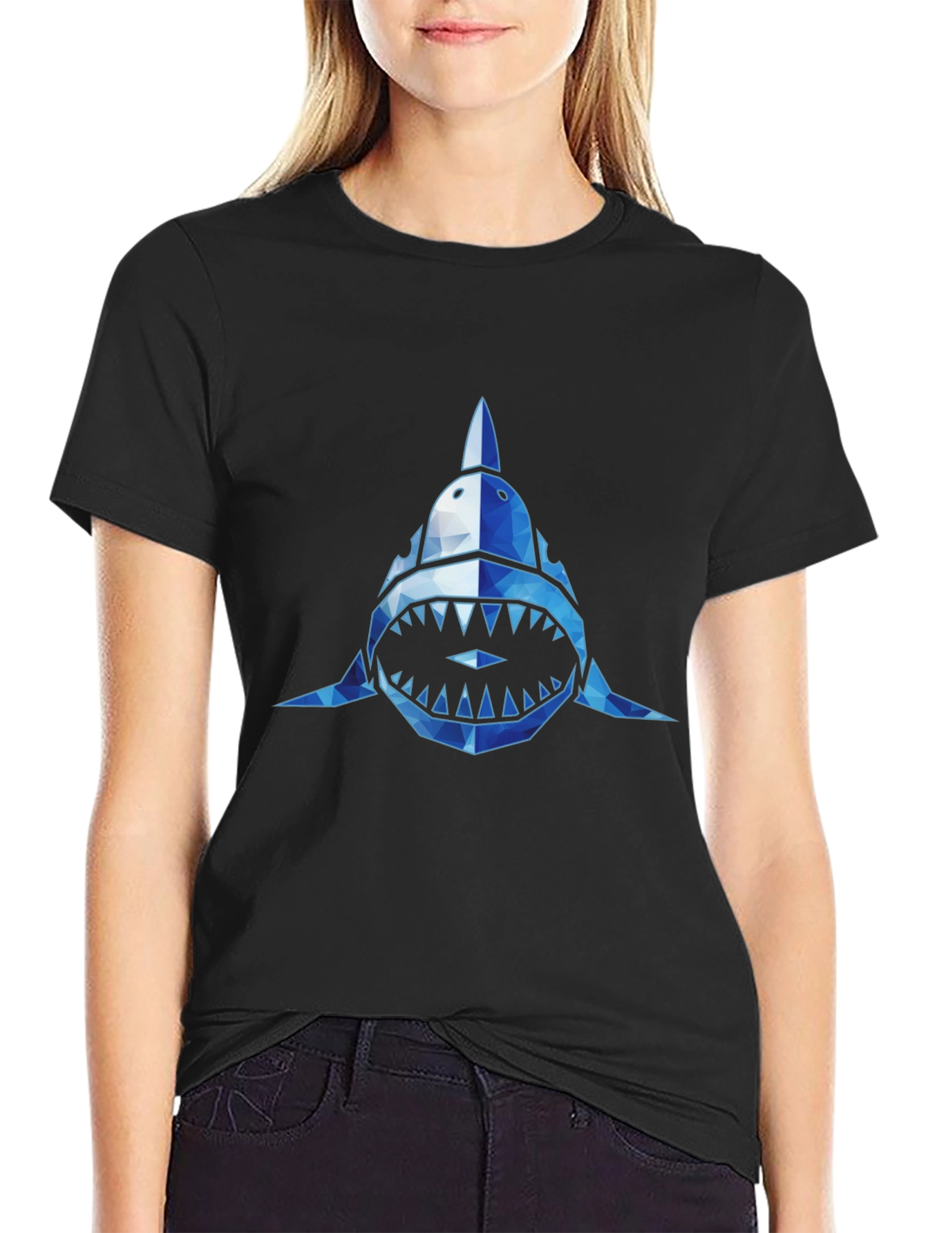 Geometric Shark Graphic Tee - Black Short Sleeve Shirt