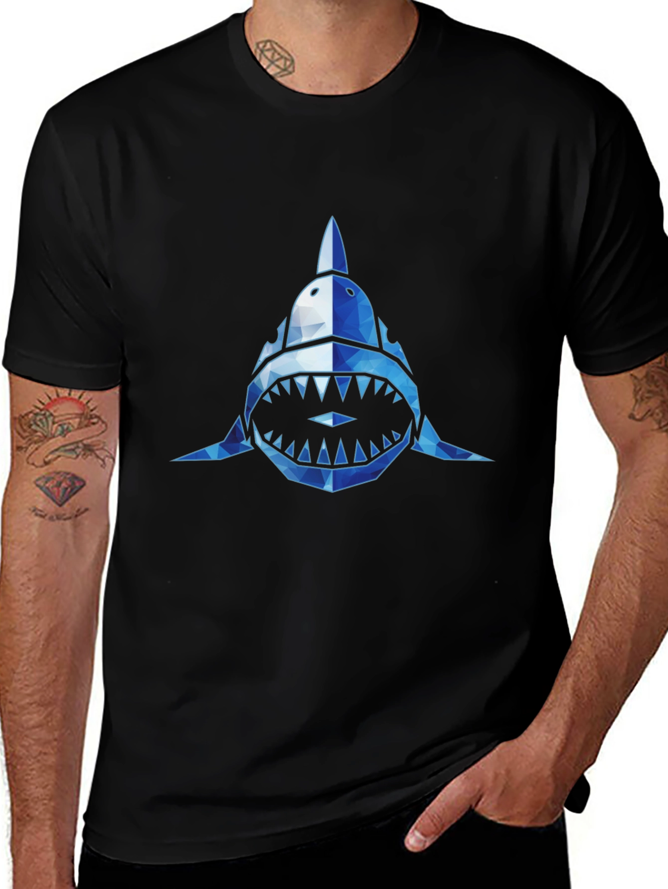Geometric Shark Graphic Tee - Black Short Sleeve Shirt