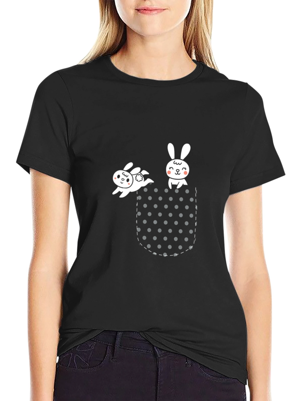 Cute Bunny Pocket Black T-Shirt