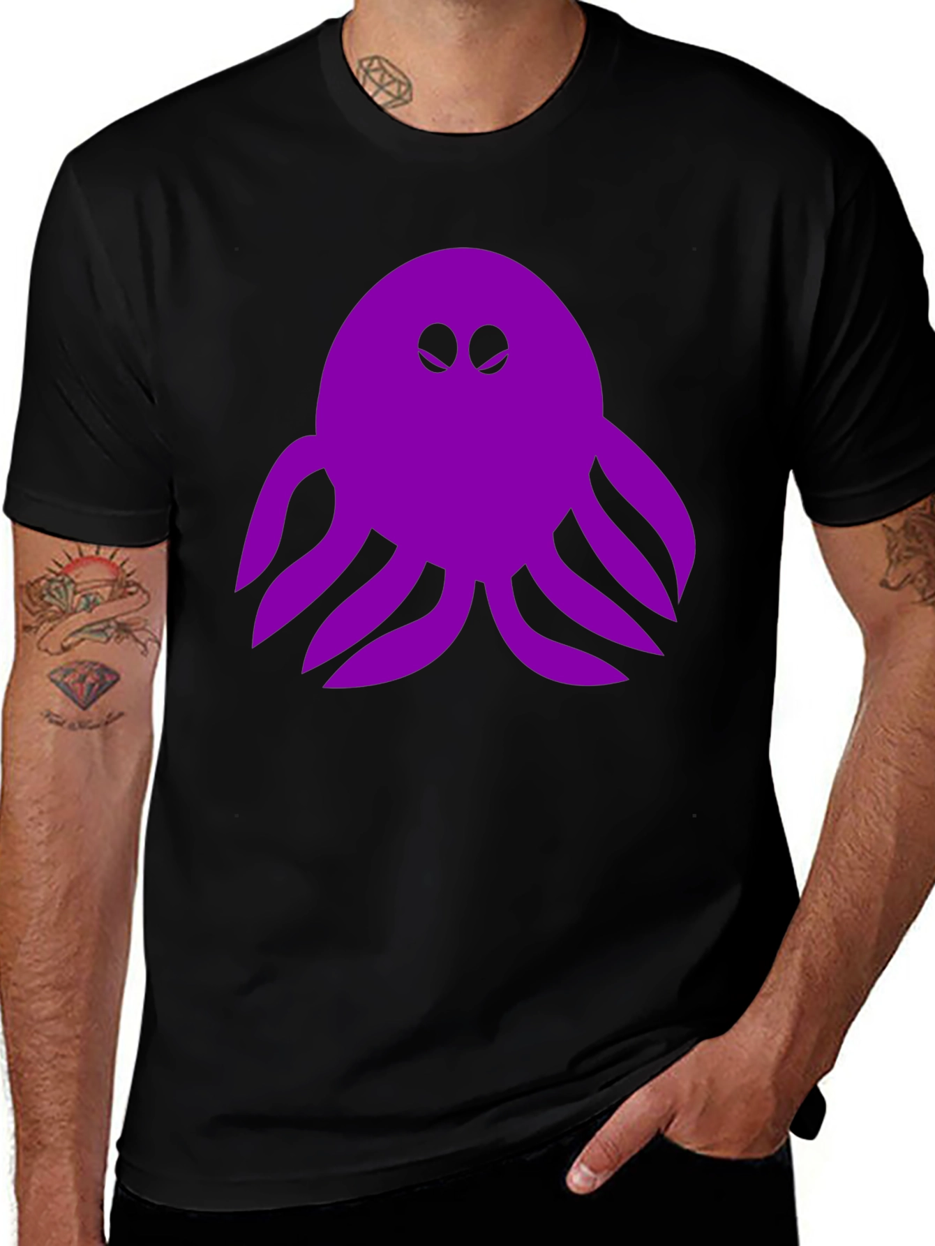 Purple Octopus Graphic Tee - Black Cotton Shirt