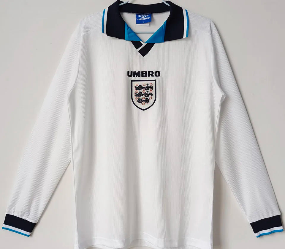 1996 England Home White Retro Long Sleeve Soccer Jersey Front