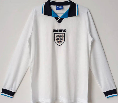 1996 England Home White Retro Long Sleeve Soccer Jersey Front