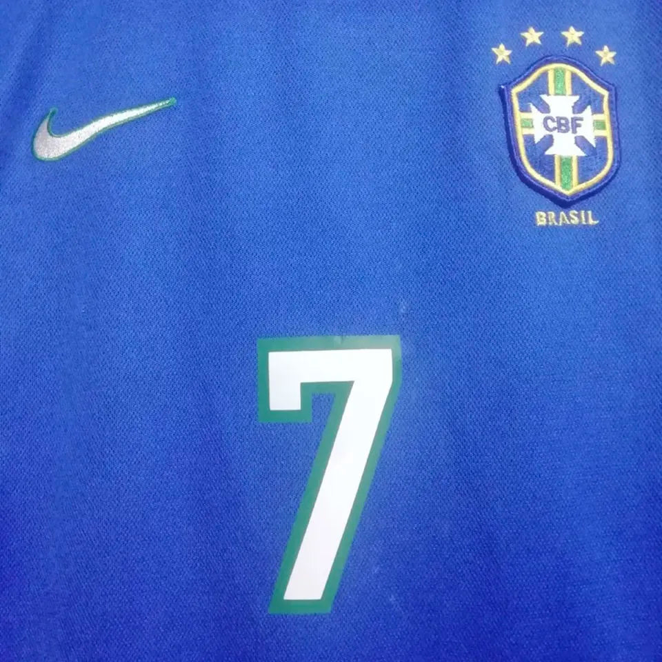 1998 Brazil Away Blue Retro Long Sleeve Soccer Jersey Detail 2