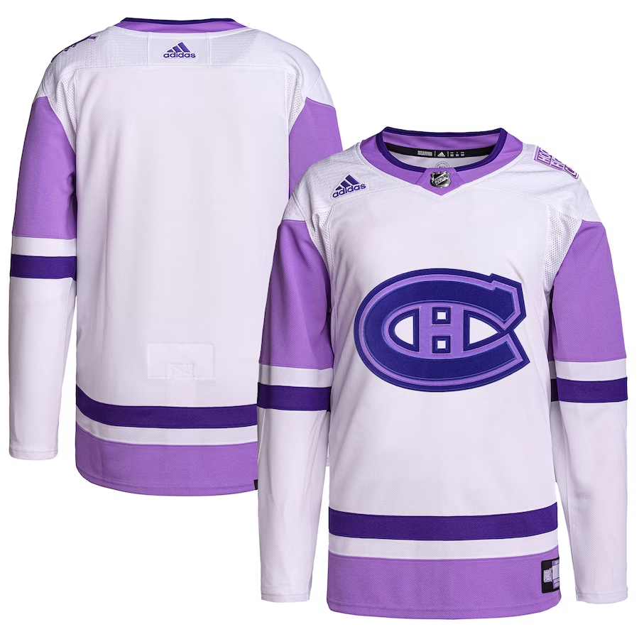 Men's Montreal Canadiens White/Purple Hockey Fights Cancer Primegreen Authentic Blank Practice Jerseys