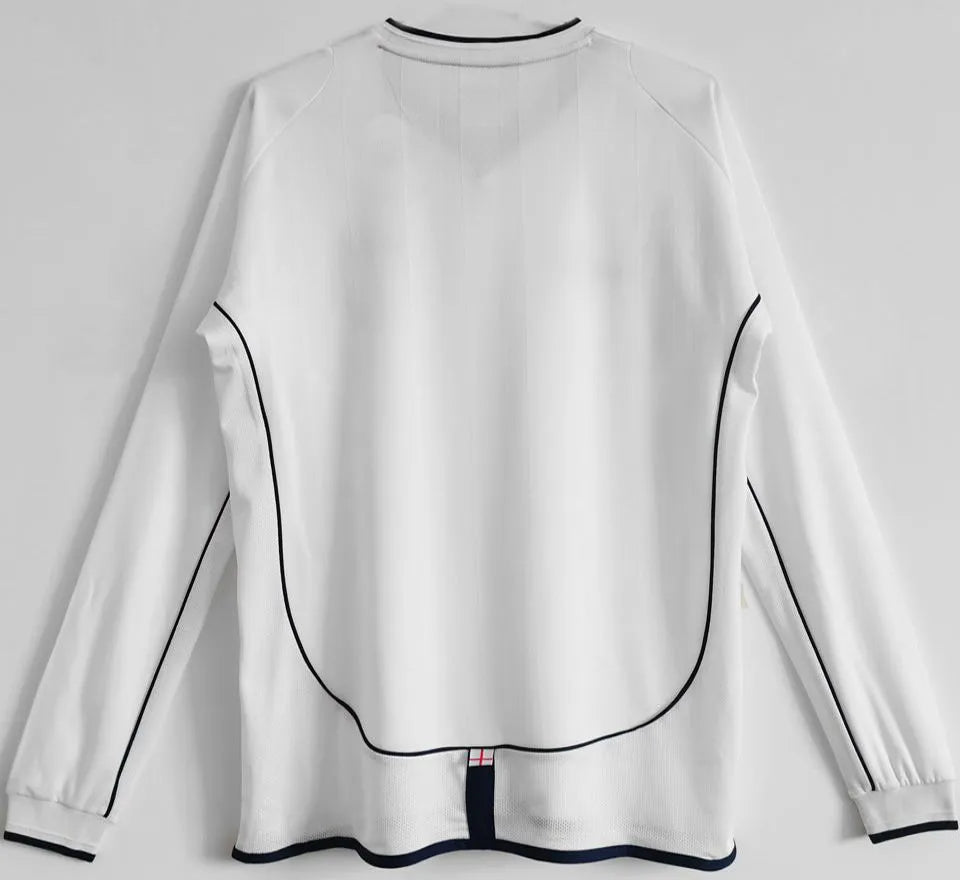 2002 England Home White Retro Long Sleeve Soccer Jersey Back