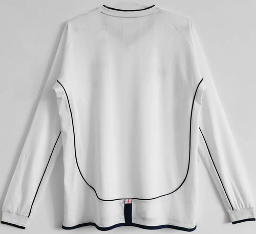 2002 England Home White Retro Long Sleeve Soccer Jersey Back