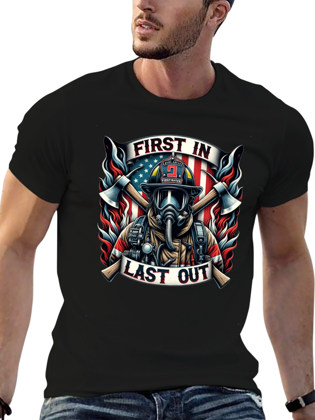 First In Last Out Firefighter Graphic Tee