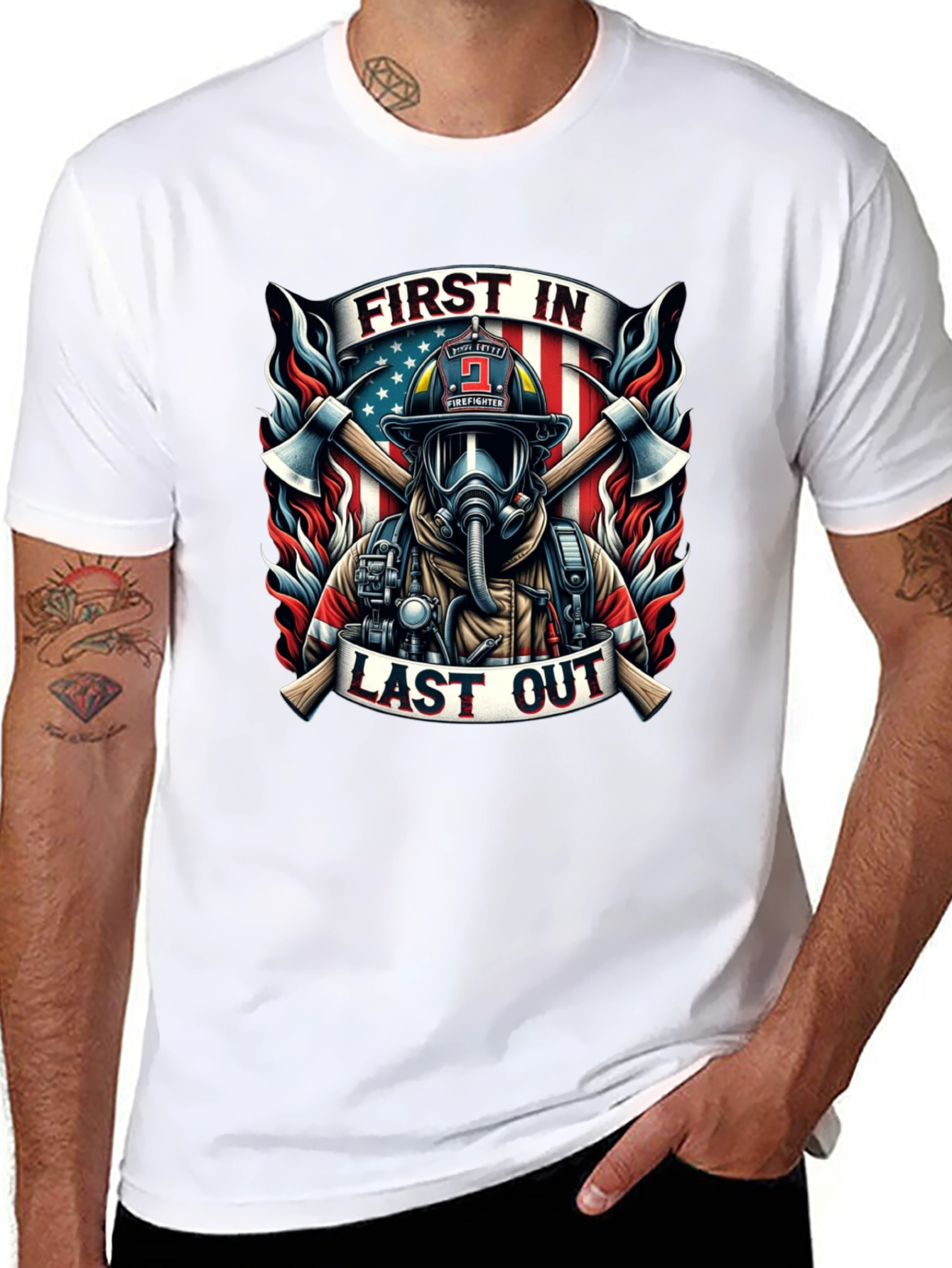 First In Last Out Firefighter Graphic Tee