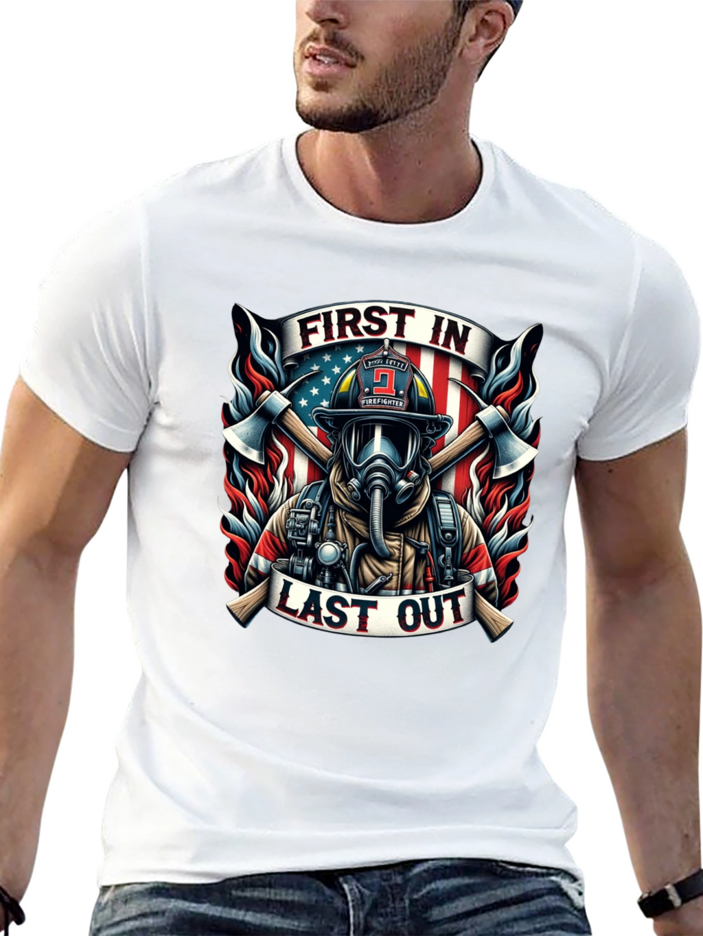 First In Last Out Firefighter Graphic Tee
