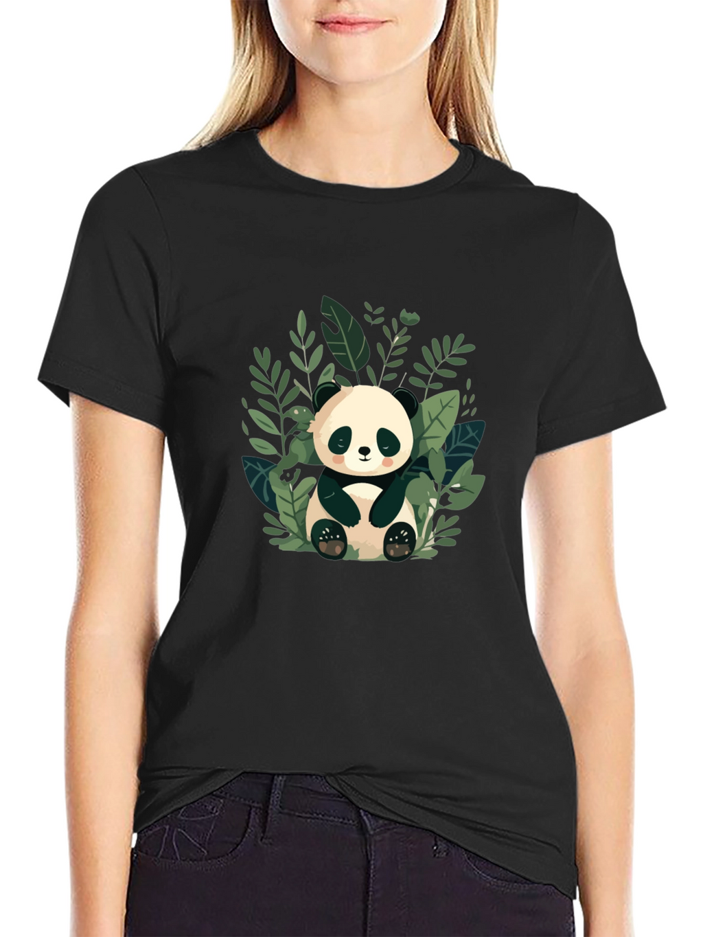 Cute Panda in Leaves Black T-Shirt