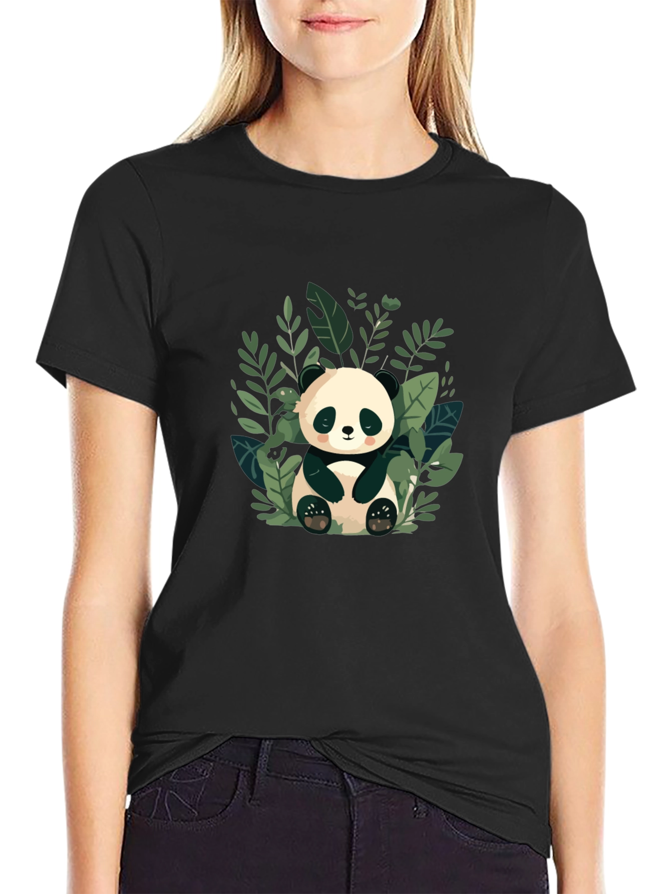 Cute Panda in Leaves Black T-Shirt