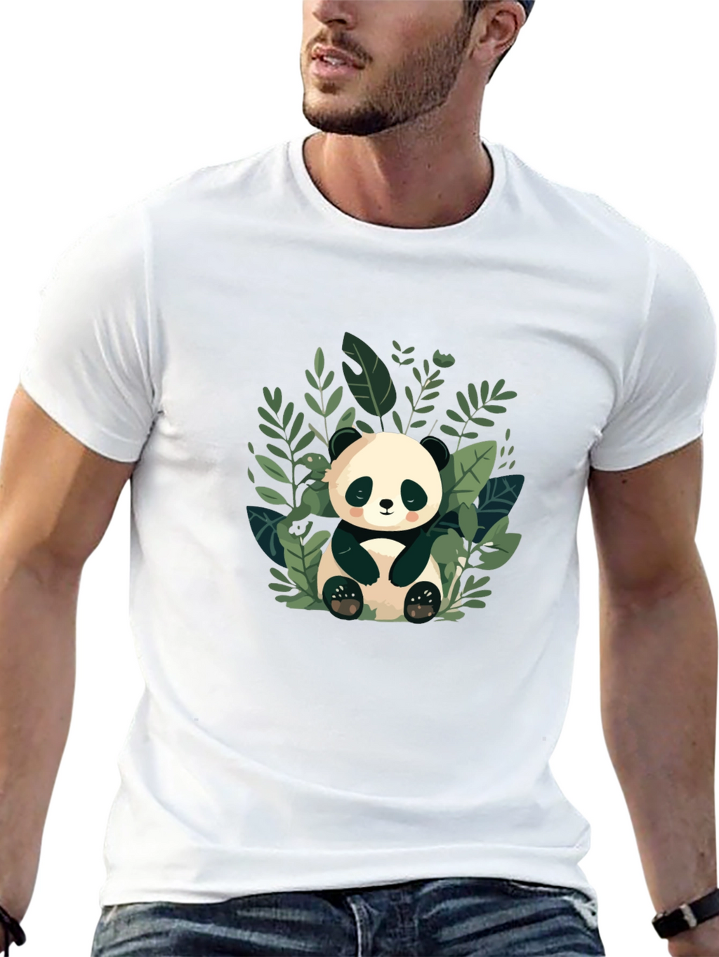 Cute Panda in Leaves Black T-Shirt
