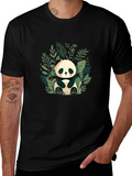 Cute Panda in Leaves Black T-Shirt