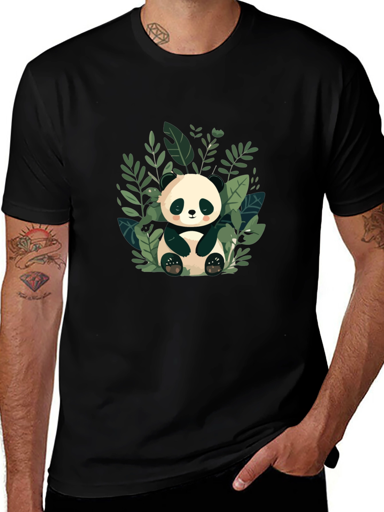 Cute Panda in Leaves Black T-Shirt