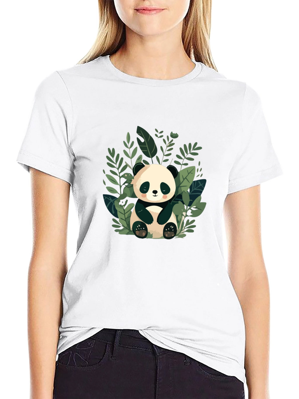 Cute Panda in Leaves Black T-Shirt