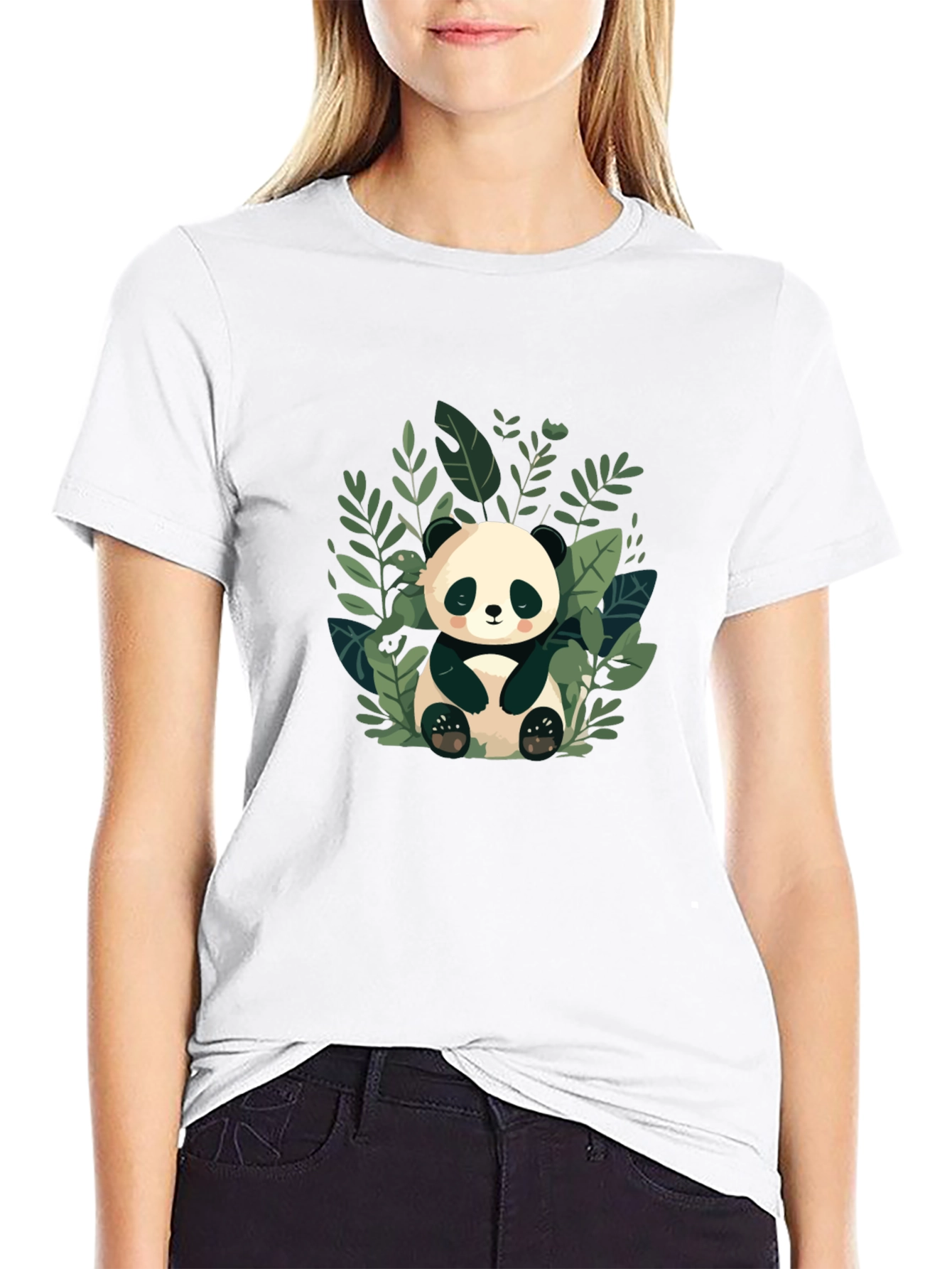 Cute Panda in Leaves Black T-Shirt