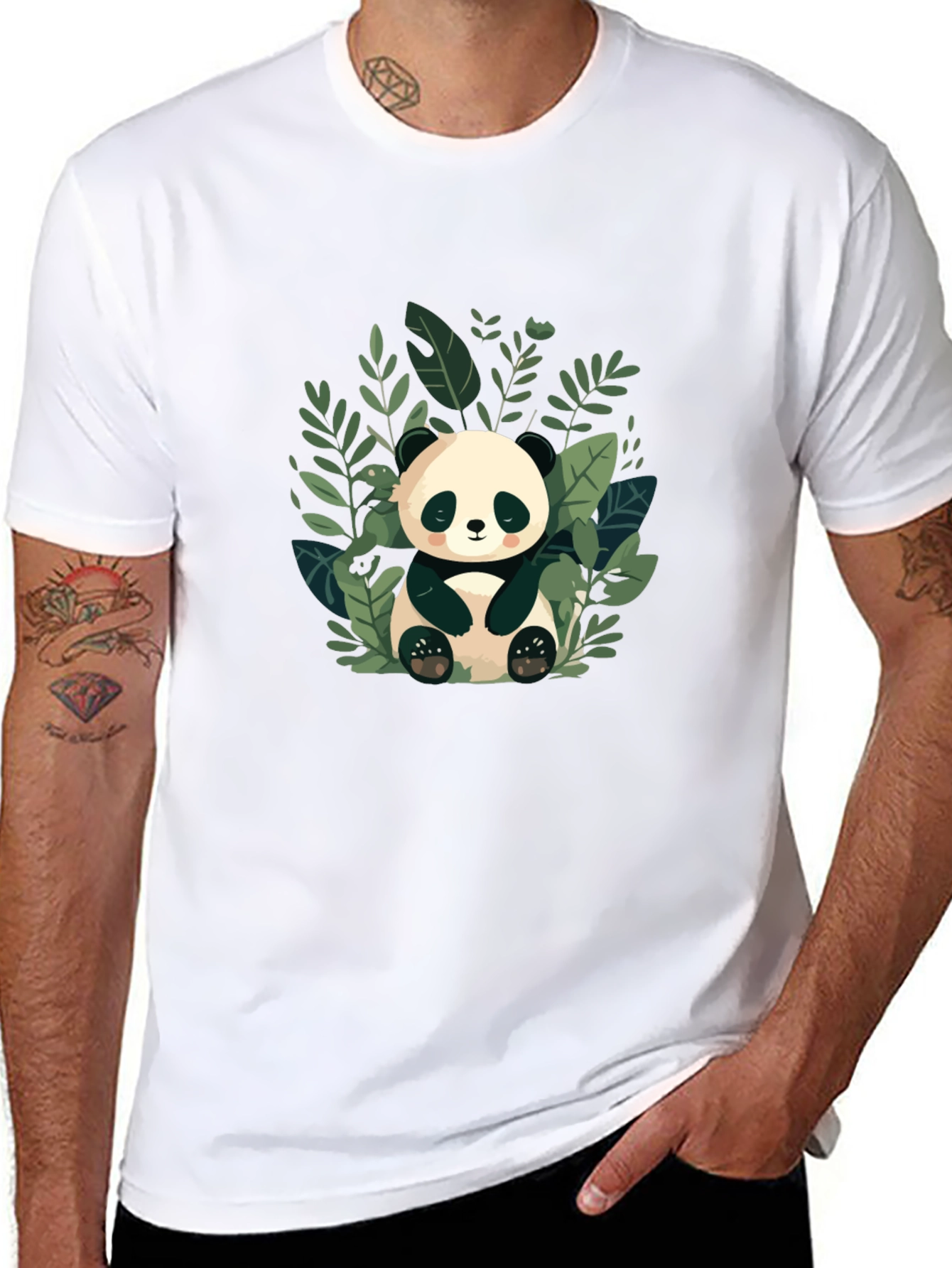 Cute Panda in Leaves Black T-Shirt