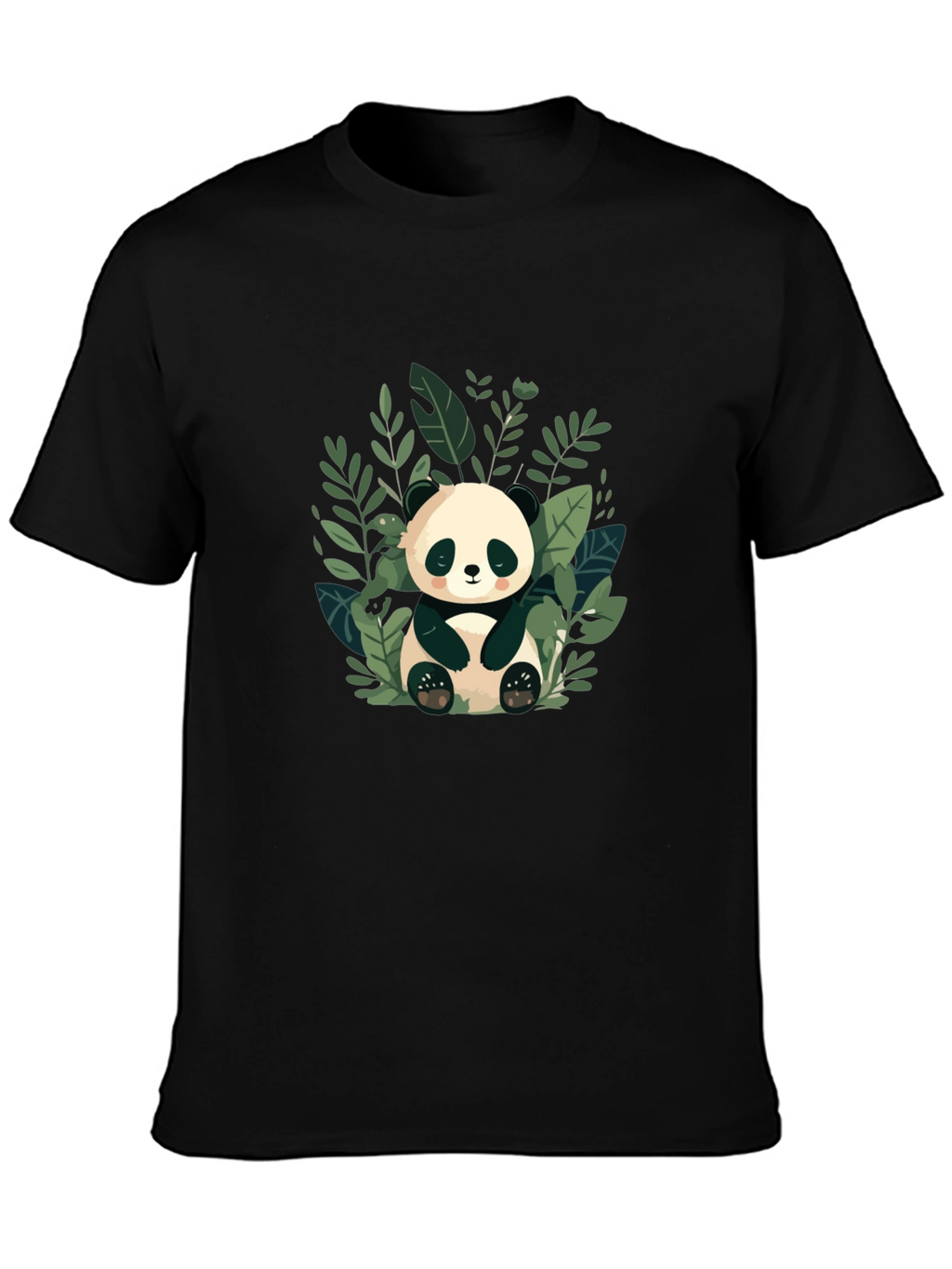 Cute Panda in Leaves Black T-Shirt