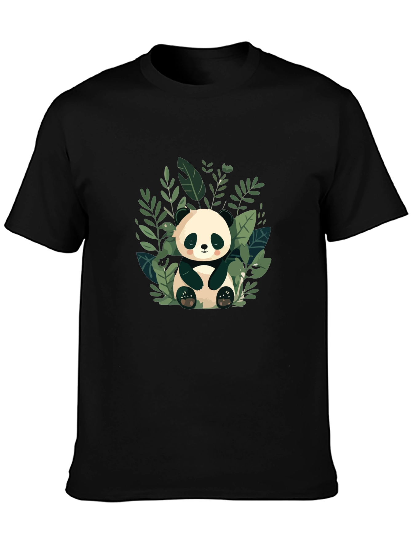 Cute Panda in Leaves Black T-Shirt
