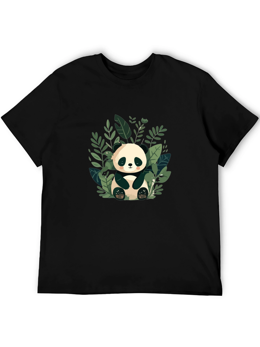 Cute Panda in Leaves Black T-Shirt