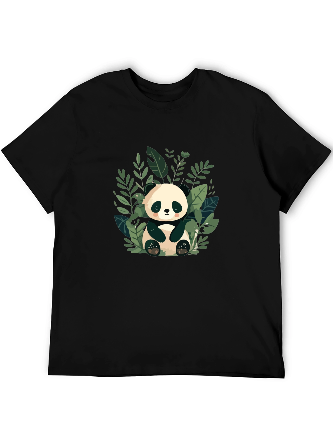 Cute Panda in Leaves Black T-Shirt