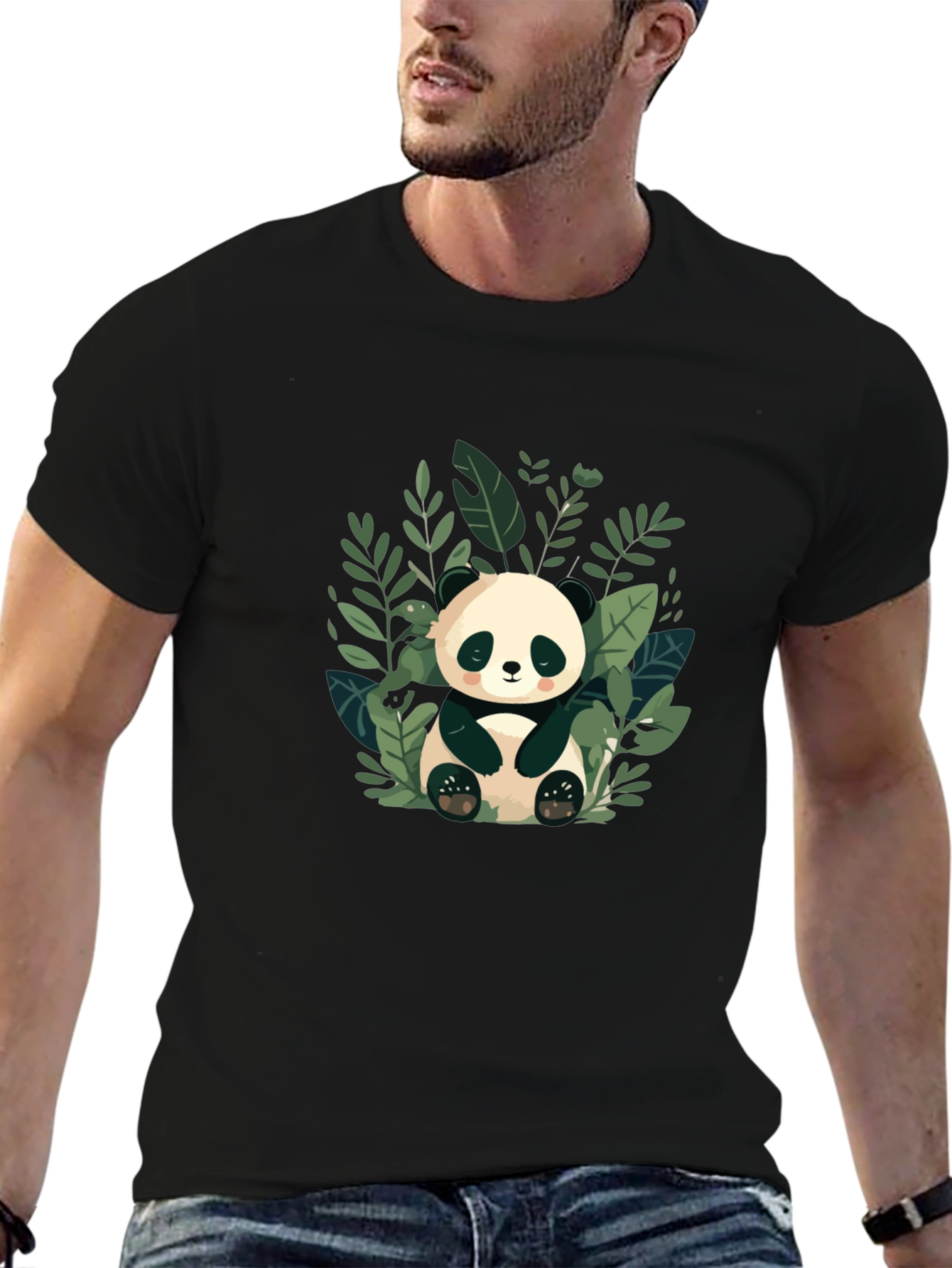 Cute Panda in Leaves Black T-Shirt